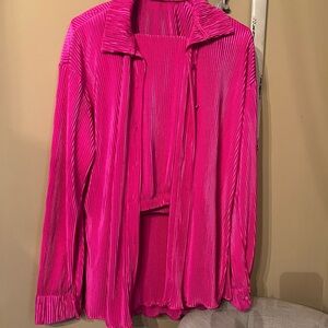 Vibrant Pink Ribbed Long Sleeve Button Down Pants set